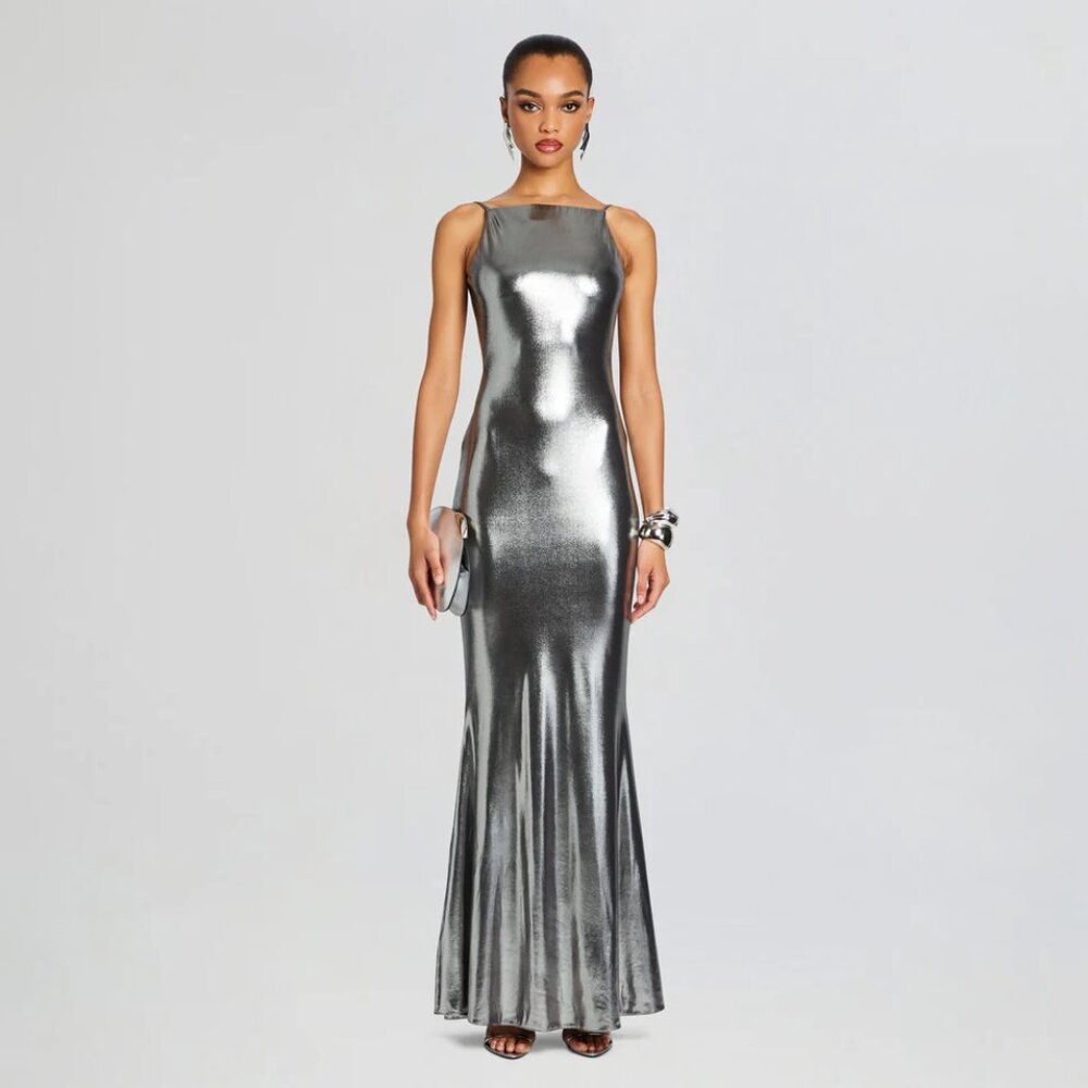 Retrofete Romilly Maxi Dress Gunmetal Silver Size Large NEW NWT